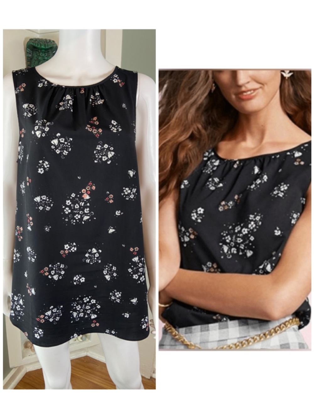 Cabi 5388 Misty Floral Black Tie Neck Sleeveless Tunic Top Blouse Shirt Large L